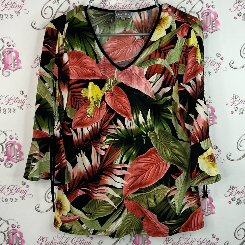 Laura long sleeve bell bottom shirt tropical Print V-Neck Women's Top leafs